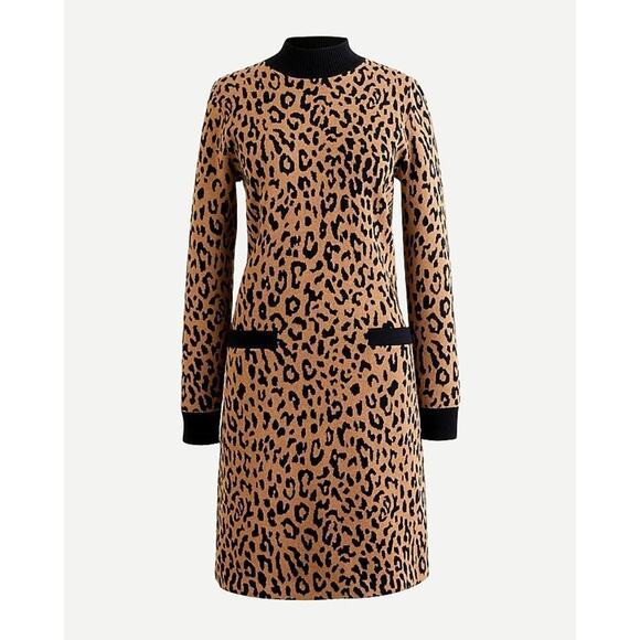 J. Crew Women's Mockneck Sweater Dress in Leopard Thick Merino Wool Size Medium - Picture 2 of 6
